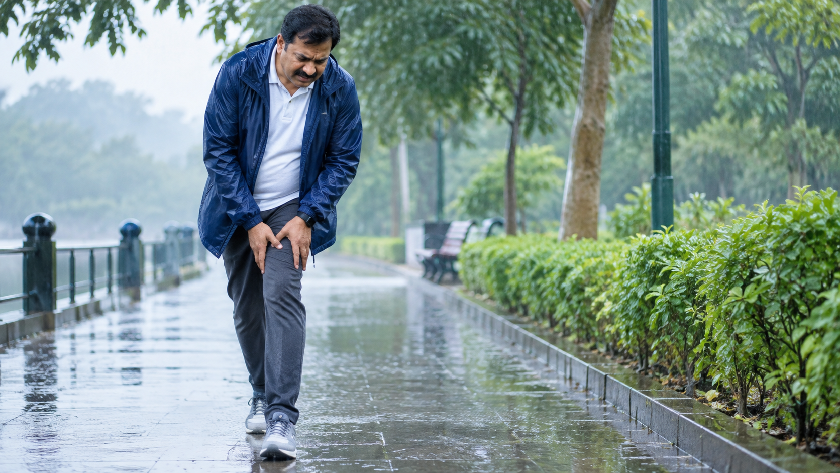 Indian middle-aged person experiencing knee pain while walking during the monsoon