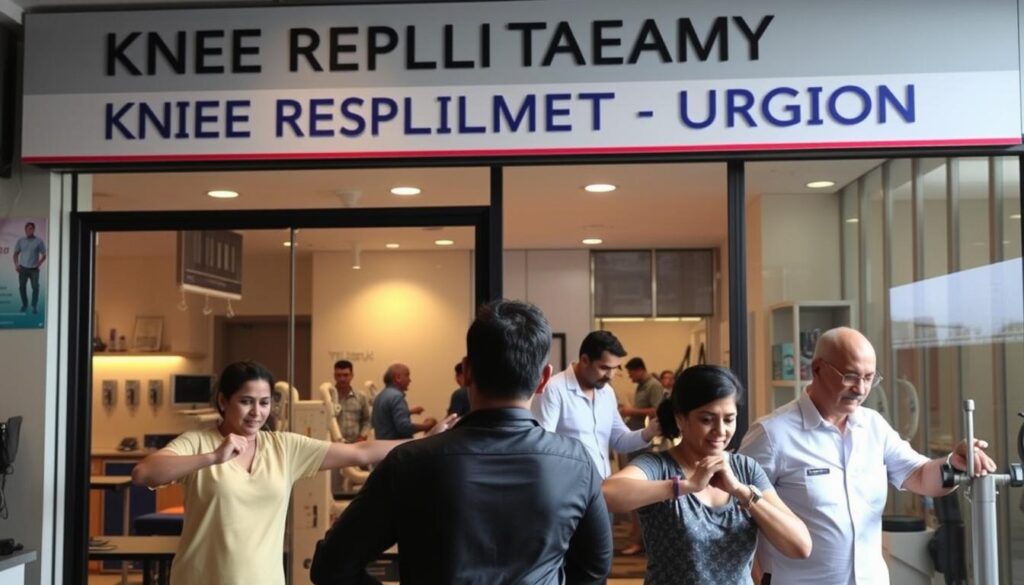 A bustling physiotherapy clinic nestled in the vibrant Viman Nagar neighborhood, its exterior adorned with the brand name "Knee Replacement Surgeon". Through the large windows, glimpses of a modern, well-equipped interior come into view, with patients undergoing various rehabilitation treatments under the watchful eye of experienced physiotherapists. The clinic's inviting atmosphere is enhanced by the warm, natural lighting filtering in, creating a calming and rejuvenating ambiance. In the foreground, a group of patients engage in guided exercises, their determined expressions reflecting the clinic's commitment to personalized care and effective pain relief. The middle ground showcases state-of-the-art equipment, while the background hints at the clinic's expansive facilities, designed to cater to a wide range of physiotherapy needs. A bustling physiotherapy clinic nestled in the vibrant Viman Nagar neighborhood, its exterior adorned with the brand name "Knee Replacement Surgeon". Through the large windows, glimpses of a modern, well-equipped interior come into view, with patients undergoing various rehabilitation treatments under the watchful eye of experienced physiotherapists. The clinic's inviting atmosphere is enhanced by the warm, natural lighting filtering in, creating a calming and rejuvenating ambiance. In the foreground, a group of patients engage in guided exercises, their determined expressions reflecting the clinic's commitment to personalized care and effective pain relief. The middle ground showcases state-of-the-art equipment, while the background hints at the clinic's expansive facilities, designed to cater to a wide range of physiotherapy needs.