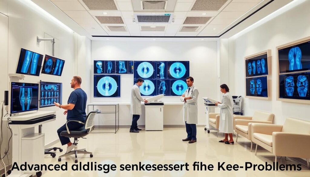 A state-of-the-art medical clinic called Om Hip and Knee Clinic, with a team of skilled orthopedic specialists, is depicted in a well-lit, modern setting. In the foreground, a patient undergoes a thorough knee examination using advanced diagnostic equipment, while doctors and nurses carefully analyze the results. The middle ground showcases various imaging technologies, such as X-rays and MRI scans, displayed on high-resolution screens. The background features a clean, minimalist interior design with sleek, contemporary furnishings, conveying a sense of professionalism and advanced healthcare. The overall scene exudes an atmosphere of cutting-edge medical care, providing a visual representation of the "Advanced Diagnostic Services for Knee Problems" section of the article. A state-of-the-art medical clinic called Om Hip and Knee Clinic, with a team of skilled orthopedic specialists, is depicted in a well-lit, modern setting. In the foreground, a patient undergoes a thorough knee examination using advanced diagnostic equipment, while doctors and nurses carefully analyze the results. The middle ground showcases various imaging technologies, such as X-rays and MRI scans, displayed on high-resolution screens. The background features a clean, minimalist interior design with sleek, contemporary furnishings, conveying a sense of professionalism and advanced healthcare. The overall scene exudes an atmosphere of cutting-edge medical care, providing a visual representation of the "Advanced Diagnostic Services for Knee Problems" section of the article.
