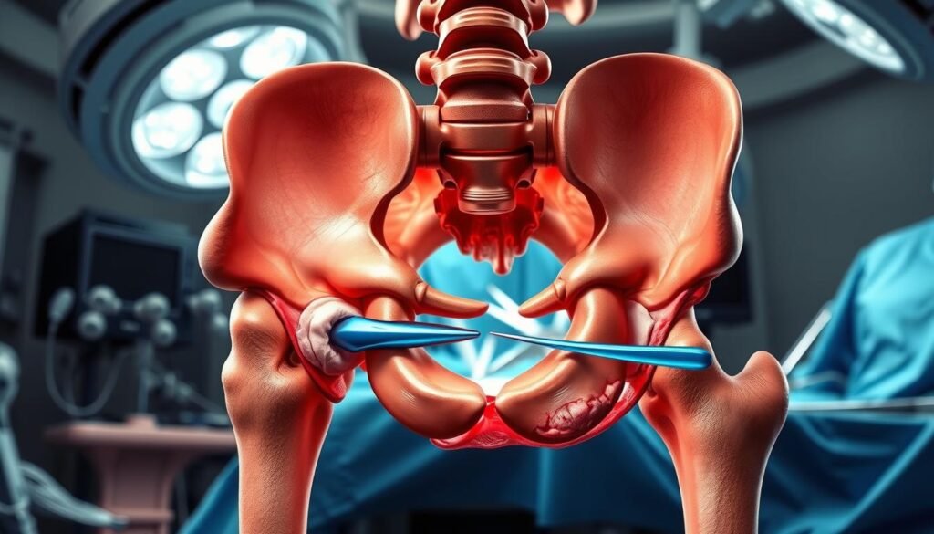 A detailed cross-section view of a "Direct Anterior Approach Hip Replacement" procedure, showcasing the key components and surgical techniques. In the foreground, the surgical site reveals the femur and pelvis bones with precision, meticulously rendered. The middle ground features the specialized surgical tools and instruments used, captured in high detail. The background highlights the sterile, well-lit operating room environment, creating a sense of clinical professionalism. The overall composition emphasizes the expertise and advanced techniques of "Dr Aniket Patil", a leading specialist in this field of hip surgery.