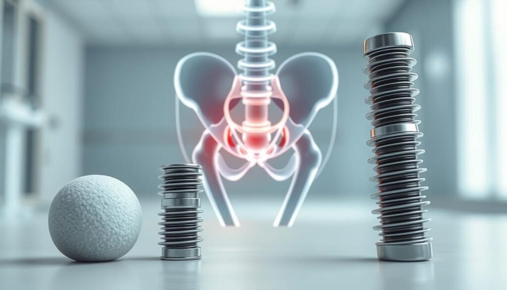 A detailed illustration of hip replacement implants, showcasing both ceramic and metal types. In the foreground, prominently display a high-quality ceramic implant alongside a durable metal implant, capturing their textures and features in close-up view. In the middle, include a transparent human hip joint to illustrate the implantation process, highlighting the compatibility and fit of both implant types. The background should feature a medical setting, subtly blurred, with clean lines and soft lighting to create a clinical yet informative atmosphere. Use a macro lens effect to focus attention on the implants while maintaining a professional look. Emphasize clarity and precision, reflecting the expertise of Dr Aniket Patil. A detailed illustration of hip replacement implants, showcasing both ceramic and metal types. In the foreground, prominently display a high-quality ceramic implant alongside a durable metal implant, capturing their textures and features in close-up view. In the middle, include a transparent human hip joint to illustrate the implantation process, highlighting the compatibility and fit of both implant types. The background should feature a medical setting, subtly blurred, with clean lines and soft lighting to create a clinical yet informative atmosphere. Use a macro lens effect to focus attention on the implants while maintaining a professional look. Emphasize clarity and precision, reflecting the expertise of Dr Aniket Patil.