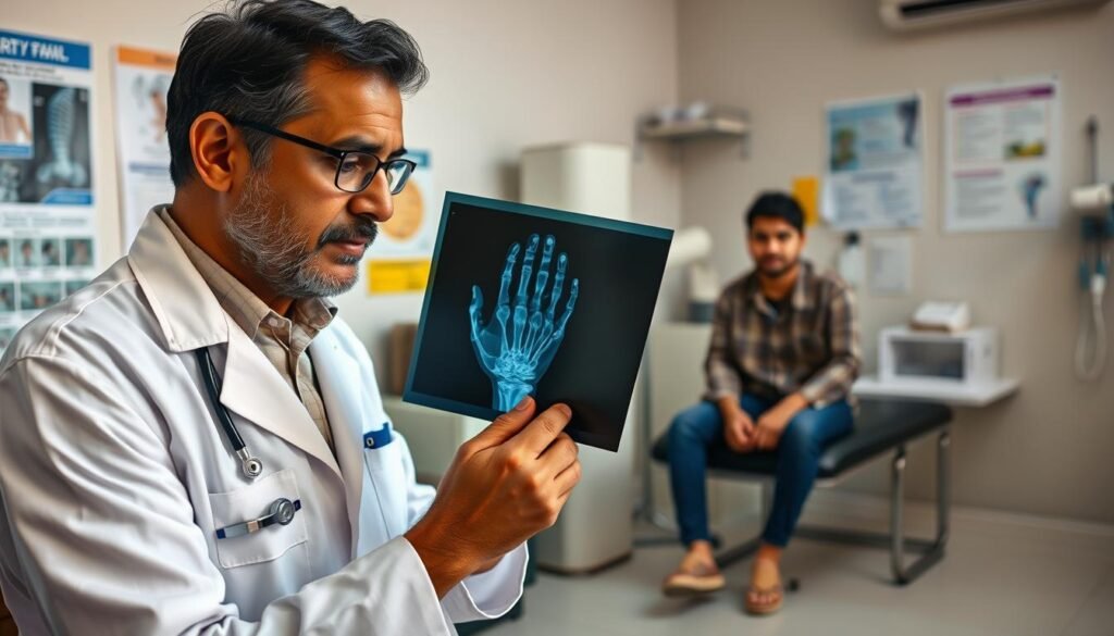 Generate an image depicting a medical consultation focused on the diagnosis of rheumatoid arthritis. In the foreground, feature a middle-aged doctor in a white lab coat, Dr. Aniket Patil, examining an x-ray of a hand showing rheumatoid arthritis. His expression is thoughtful and professional. In the middle ground, show a patient in modest casual attire sitting on an examination table, looking attentive and engaged. The background should include a well-organized clinic with medical posters relevant to rheumatoid arthritis and diagnostic tools like a stethoscope and charts. Use soft, natural lighting to create a warm and inviting atmosphere, with a slight focus on the doctor and patient interaction, conveying the importance of early diagnosis. The scene should reflect professionalism and compassion. Generate an image depicting a medical consultation focused on the diagnosis of rheumatoid arthritis. In the foreground, feature a middle-aged doctor in a white lab coat, Dr. Aniket Patil, examining an x-ray of a hand showing rheumatoid arthritis. His expression is thoughtful and professional. In the middle ground, show a patient in modest casual attire sitting on an examination table, looking attentive and engaged. The background should include a well-organized clinic with medical posters relevant to rheumatoid arthritis and diagnostic tools like a stethoscope and charts. Use soft, natural lighting to create a warm and inviting atmosphere, with a slight focus on the doctor and patient interaction, conveying the importance of early diagnosis. The scene should reflect professionalism and compassion.