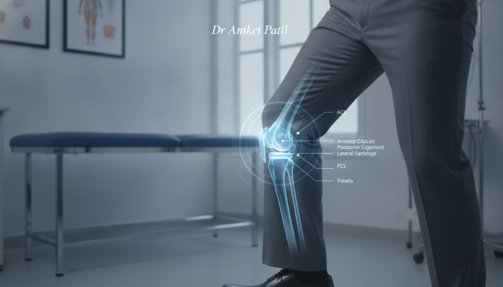 A focused close-up of a human knee, demonstrating the moment of knee popping. The foreground features the knee in a natural, slightly bent position, with a subtle indication of movement—perhaps a faint blur effect to convey action. The middle ground showcases a subtle anatomical overlay, such as labels or outlines of ligaments and cartilage, enhancing understanding of the knee’s structure. In the background, a softly blurred medical office environment conveys a clinical feel, with muted colors and gentle lighting. The mood should be exploratory and informative, reflecting a sense of curiosity about the phenomenon. The person depicted should be wearing professional business attire, and the scene is lit with diffused, natural light to create a welcoming atmosphere. The brand name "Dr Aniket Patil" subtly incorporated into the image enhances its professional context.