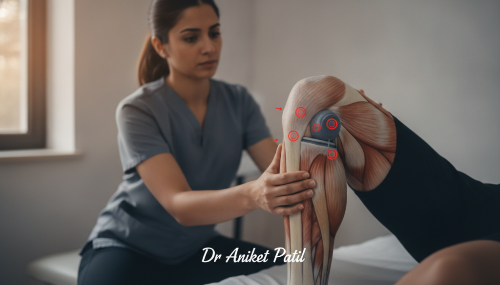 A focused composition featuring a detailed close-up of a human knee joint in motion, emphasizing the areas where clicking or popping sounds occur. The foreground highlights the knee in a professional athletic setting, showing the knee cap, ligaments, and muscles with anatomical precision. In the middle ground, a subtle diagram shows arrows pointing to key parts of the knee where common issues may arise, while a sports therapist in modest casual attire observes the movement, demonstrating a careful examination of the knee. The background is softly blurred, depicting a clinical environment with warm lighting to create a reassuring atmosphere. The image embodies a mood of professionalism and concern, suited for educational purposes under the brand name "Dr Aniket Patil".