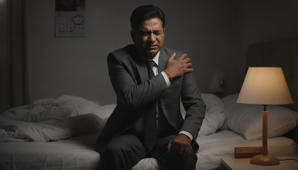 A dimly lit bedroom scene at night, showcasing a middle-aged person in professional business attire sitting on the edge of a bed, gripping their shoulder in discomfort. The focus is on the individual's pained expression, illustrating the distress caused by shoulder pain, particularly at night. In the background, a cozy, softly illuminated bedside lamp casts a warm glow, while the shadows create an intimate yet somber atmosphere. A calendar on the wall subtly marks the passage of time, implying a long struggle with pain. The composition captures the quiet desperation and frustration associated with nighttime shoulder pain. Emphasize realism with soft focus and depth of field to highlight the individual. Include the name "Dr Aniket Patil" subtly integrated into the bedside decor, ensuring no text is directly visible.