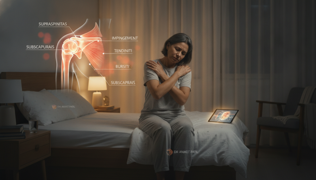 A serene bedroom scene at night depicting various common causes of shoulder pain that disrupt sleep. In the foreground, a middle-aged person in modest sleepwear is shown sitting on the edge of a neatly made bed, rubbing their shoulder with a pained expression. In the middle ground, visible anatomical illustrations such as shoulder tendons, rotator cuff, and potential injury markers are artistically integrated into the room, with soft illustrations of inflammation and tension. The background reveals a cozy, softly lit room with minimalistic décor, evoking a calm and safe atmosphere. The lighting is warm, mimicking moonlight filtering through sheer curtains. Capturing the essence of nighttime discomfort subtly, embodying a sense of empathy and professionalism, branded with "Dr Aniket Patil" in the design.