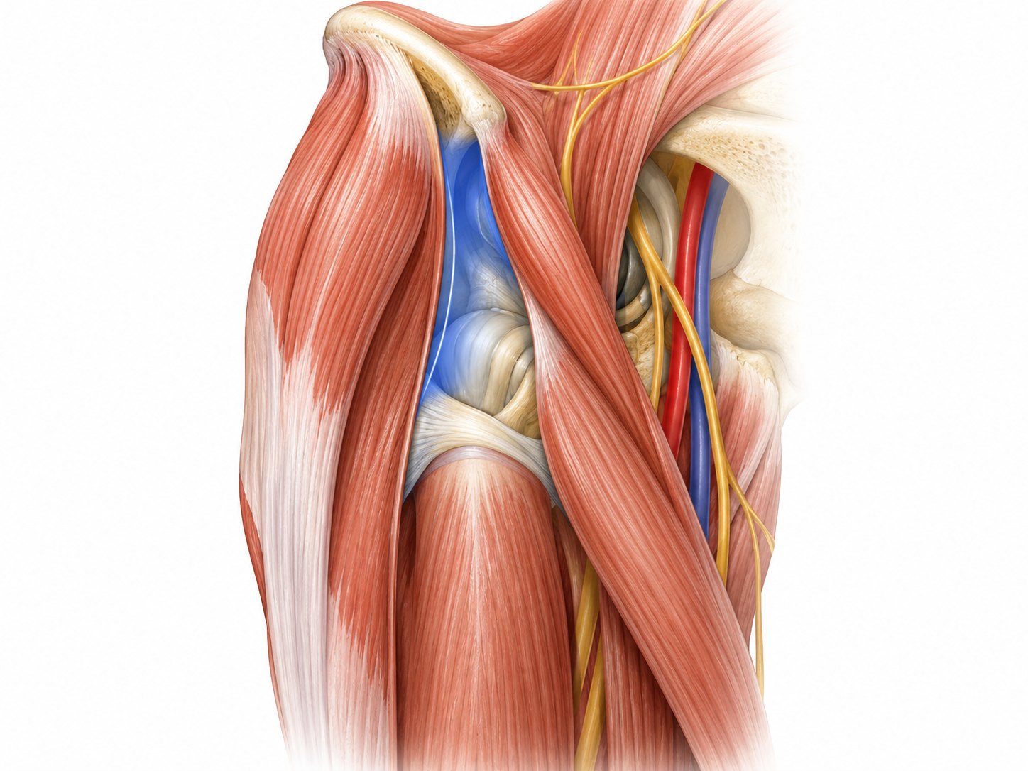 Hip anatomy illustration showing the anterior surgical route between muscle groups