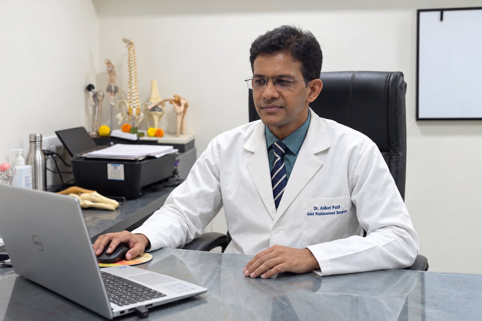 Dr. Aniket Patil working at his desk in the clinic