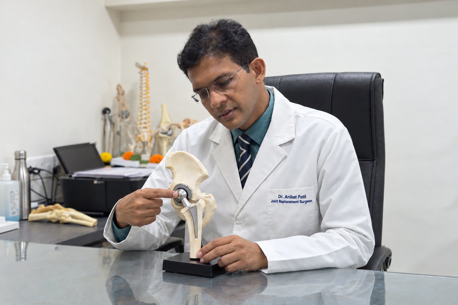 Dr. Aniket Patil explaining hip replacement with a hip model