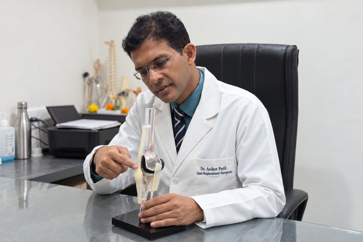 Dr. Aniket Patil explaining the knee joint with a knee model