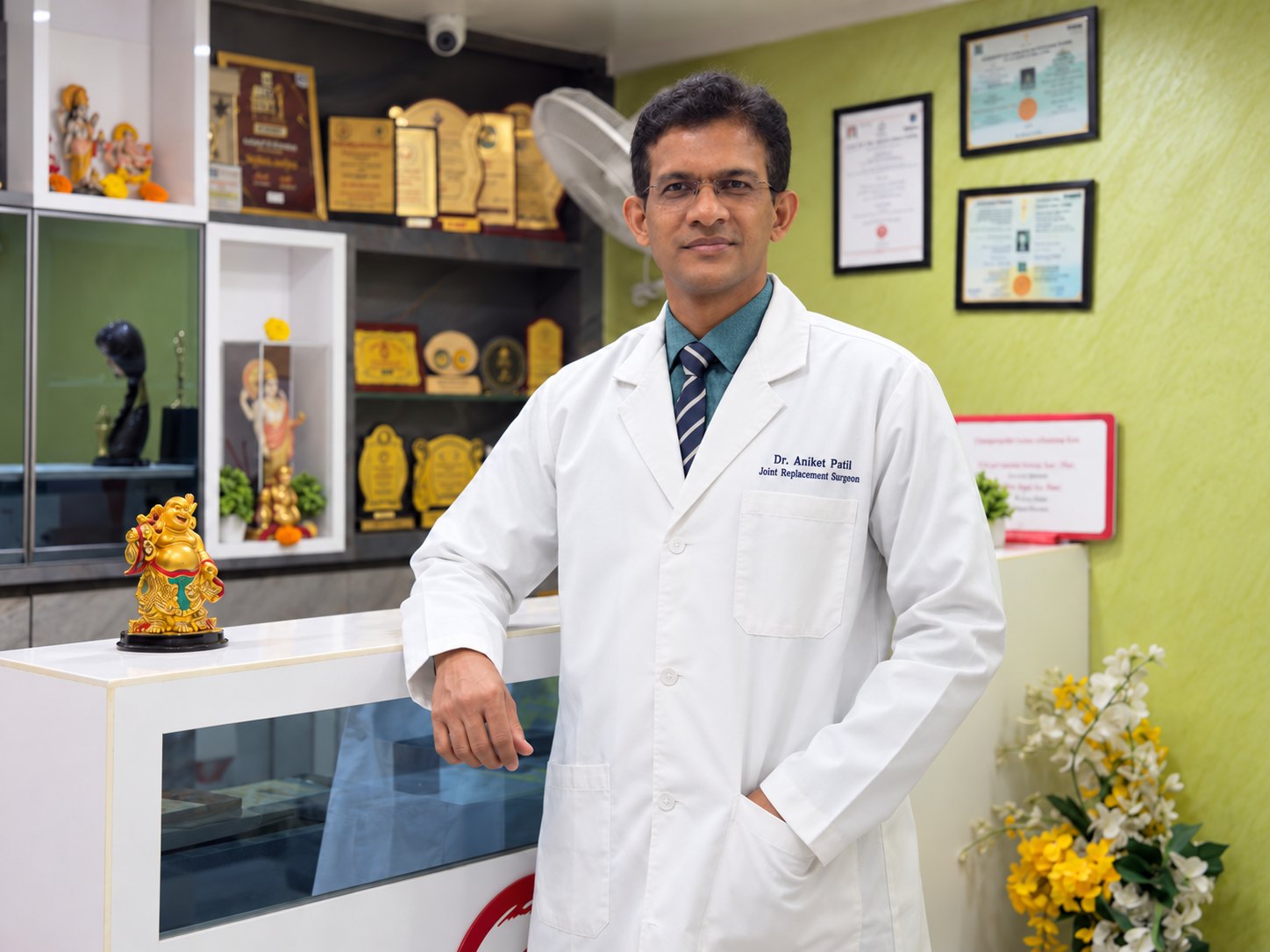 Dr. Aniket Patil in a white coat at Om Hip & Knee Specialty Clinic