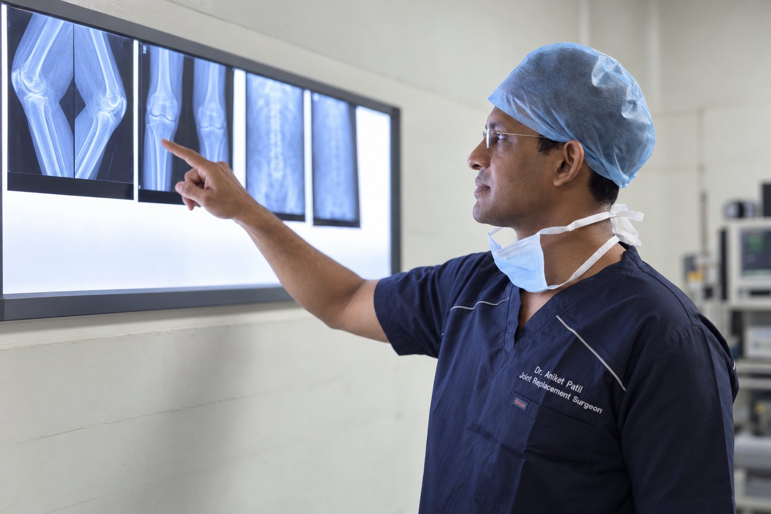 Dr. Aniket Patil reviewing X-ray films in the operating theatre