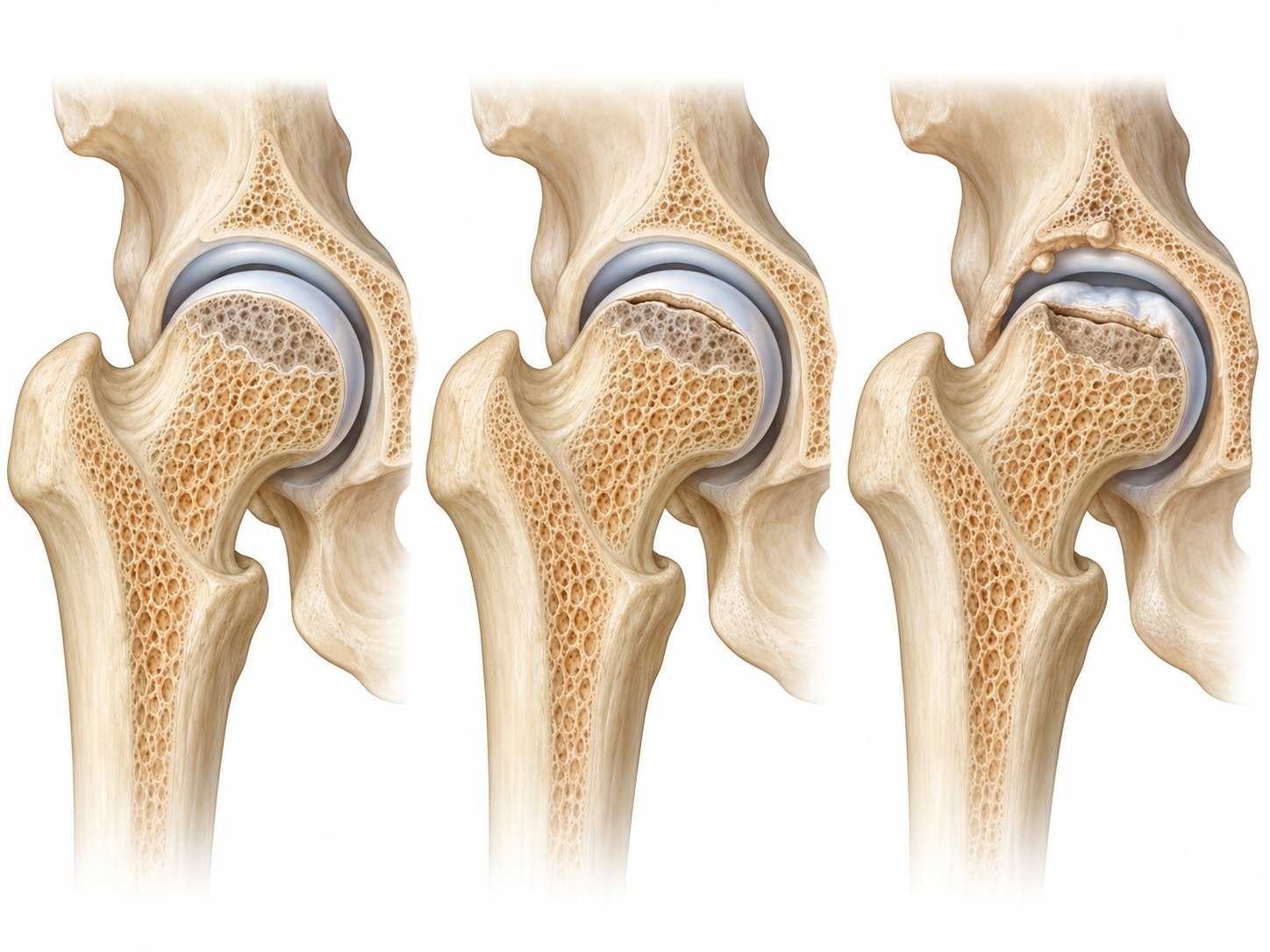 Progression of avascular necrosis in the femoral head from early bone damage to collapse
