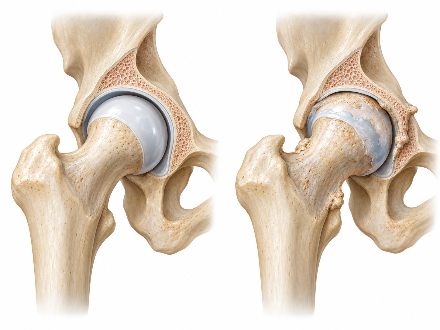 Healthy hip joint compared with a hip affected by osteoarthritis