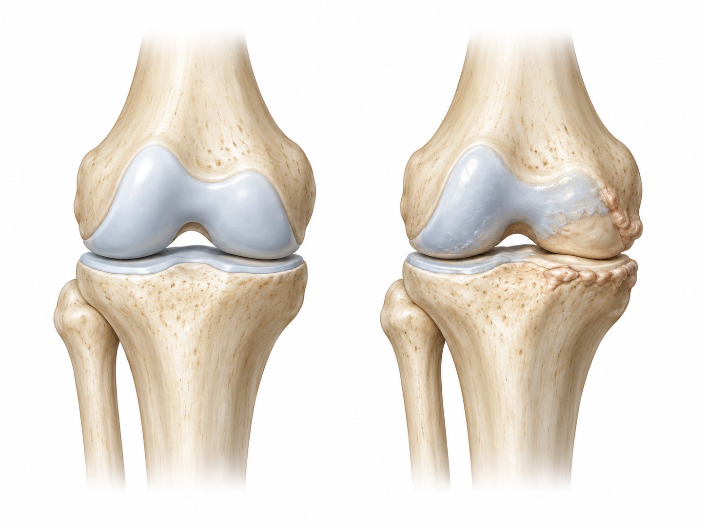 Illustration of two knees side by side: a healthy knee with smooth cartilage and an even joint space, and an osteoarthritic knee with worn cartilage, a narrowed joint space and roughened bone surfaces