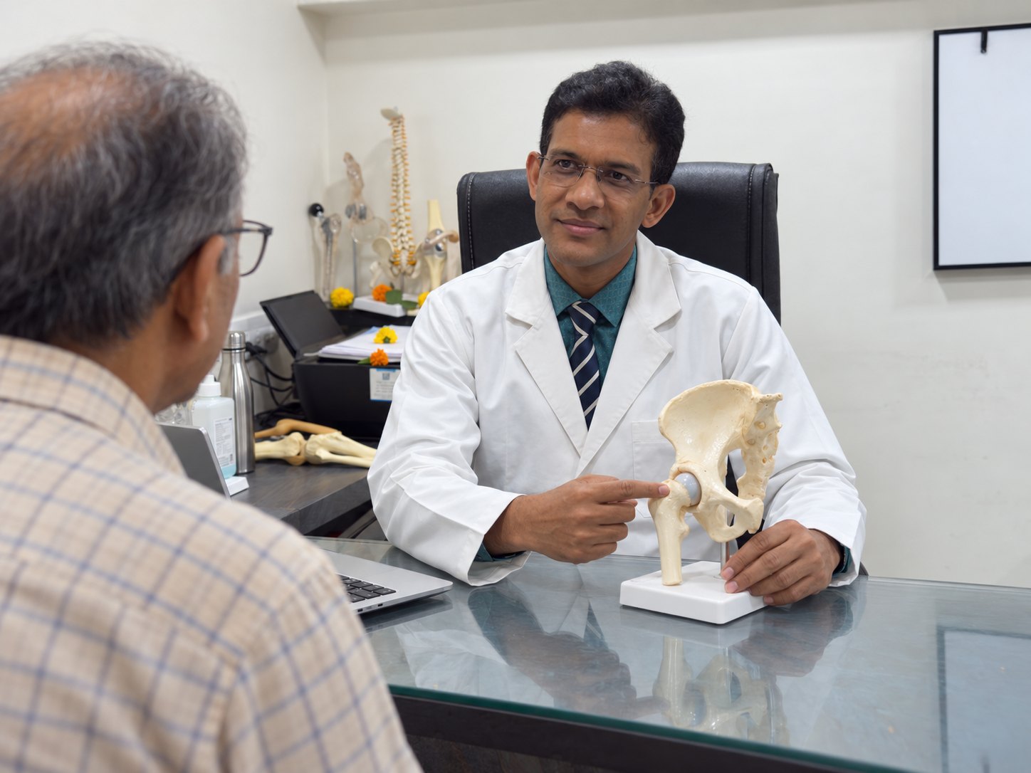 Dr. Aniket Patil reviewing a hip X-ray with a patient