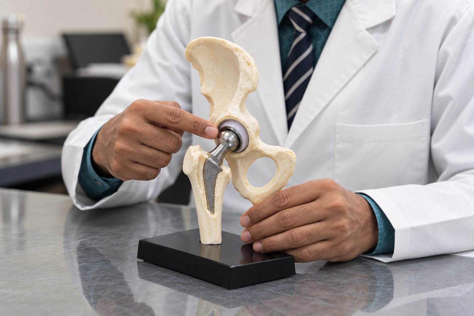 Dr. Aniket Patil showing a hip replacement model during patient education