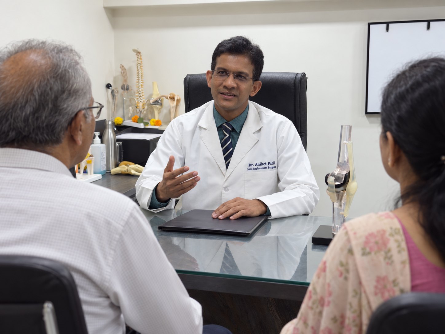 Dr. Aniket Patil reviewing scan films with a patient and a family member at his consultation desk