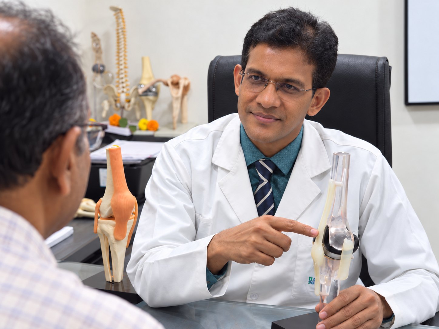 Dr. Aniket Patil in consultation with a patient, a knee X-ray on the screen beside them