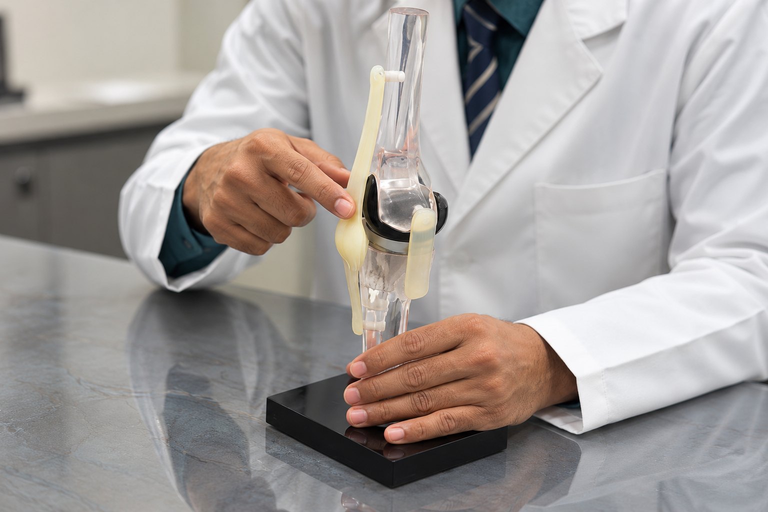 Dr. Aniket Patil showing a knee model during patient education