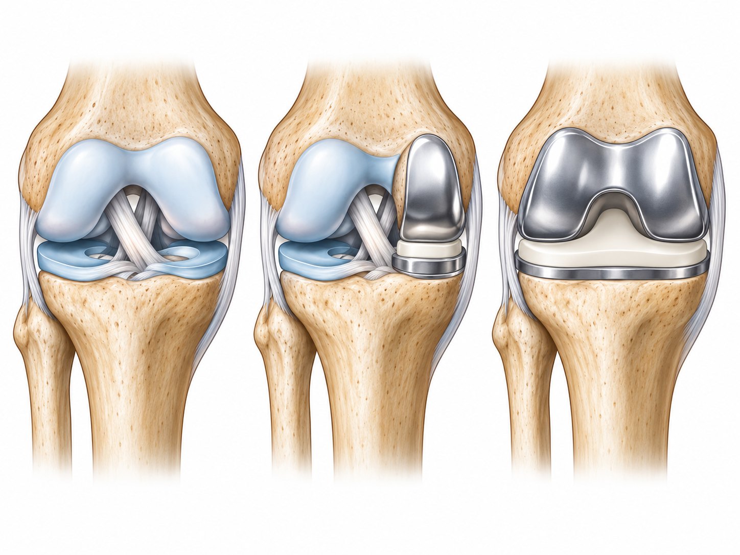 Illustration of the three knee compartments, arthritis in one compartment and the position of a partial knee implant