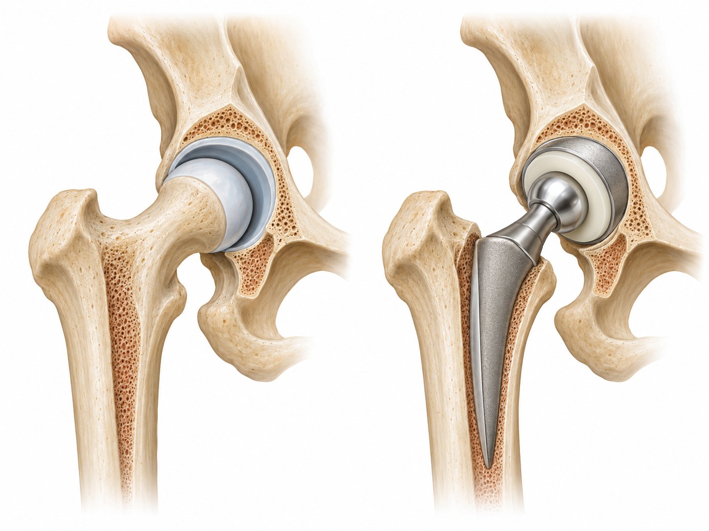 Illustration of hip anatomy beside a total hip replacement with stem, ball, cup and liner